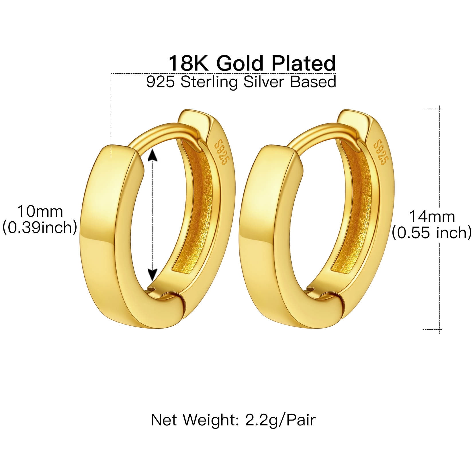 Suplight 925 Sterling Silver Huggie Earrings for Women Plain Hoop Earrings, Gold/Rose Gold/Black Plated
