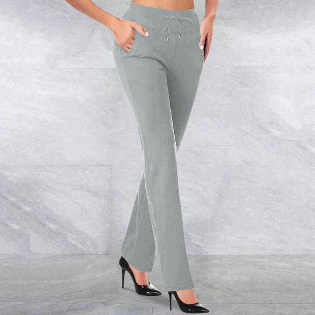 CFLVAEK Womens Office Flare Pants Casual Tummy Control Drawstring Waisted Slacks with Pocket Solid Color Work Straight Pant Casual Tall Lenth Business TrousersGray XXL