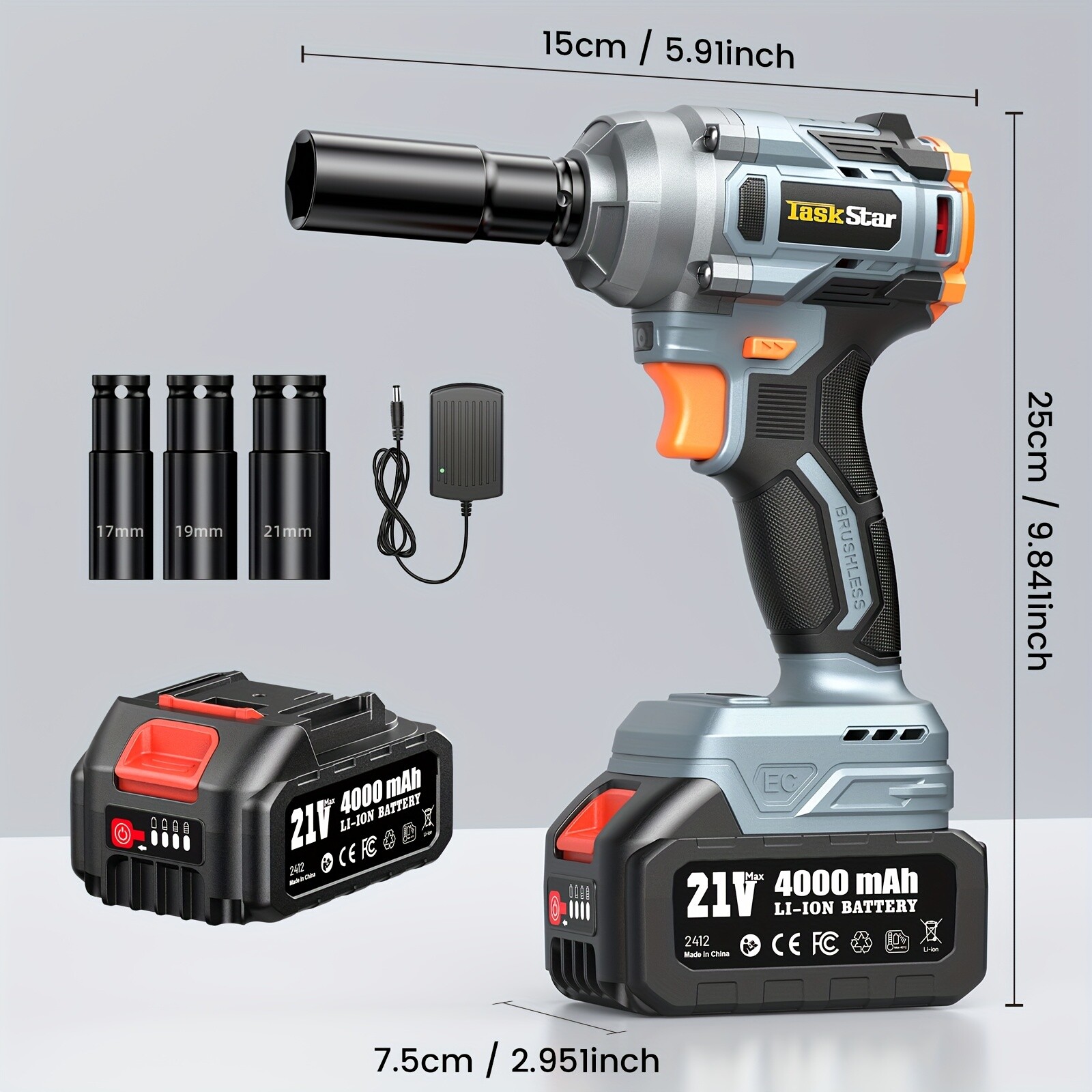 TaskStar 450nm Electric 1/2" Cordless Impact  Wrench Brushless 2800RPM 4000mah