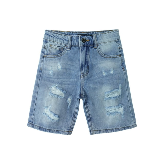 KIDSCOOL SPACE Little Boys Denim Shorts,Elastic Waistband Inside Ripped Soft Jean Summer Wear, Light Blue, 6 Years