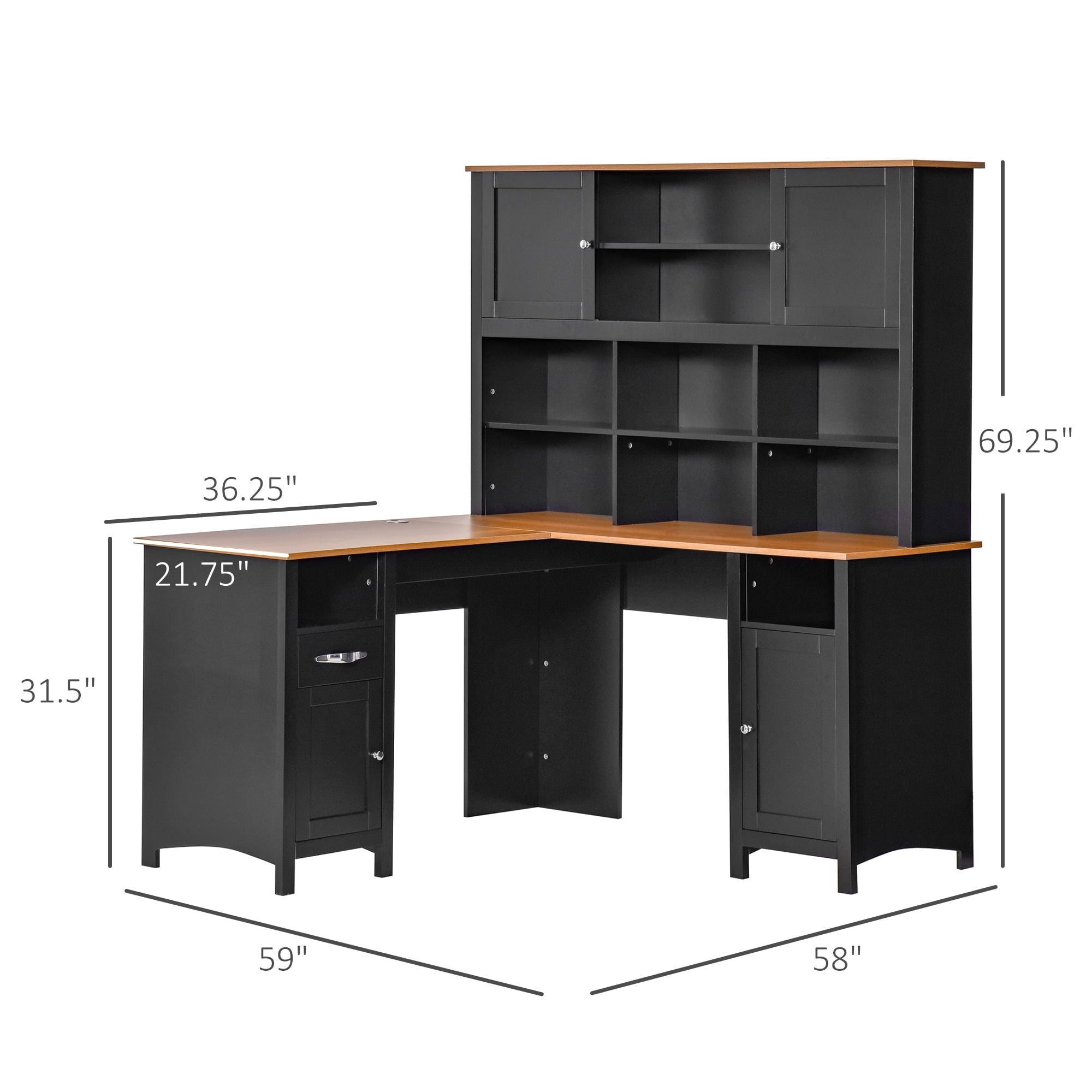 HOMCOM L Shaped Computer Desk with Hutch, 59" Corner Desk, Space Saving Home Office Desk with Storage Shelves, Drawer and Cabinet, Black