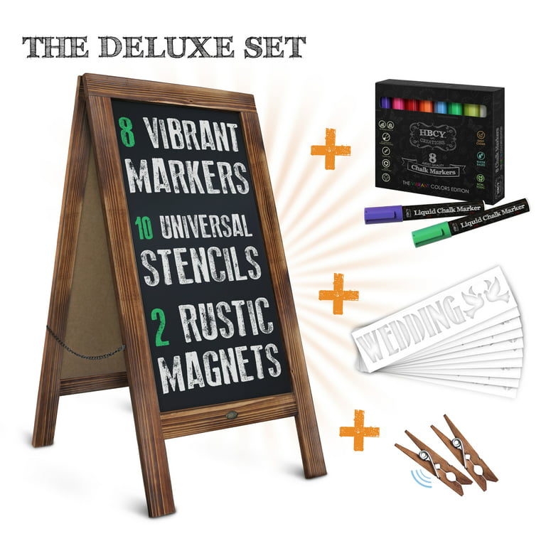 BizChair Rustic Brown Magnetic A-Frame Chalkboard Deluxe Set / 8 Chalk  Markers + 10 Stencils + 2 Magnets + Eraser, Large 40 x 20 Outdoor  Sidewalk Chalkboard 