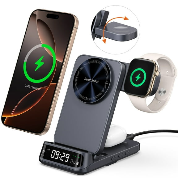 SwanScout 708M Wireless Charger for Apple, Mag-Safe Charger Station for iPhone 16/15/14/13/12, Apple Watch Ultra 2/10/9/8/7, AirPods Pro/4/3 (No Adapter)