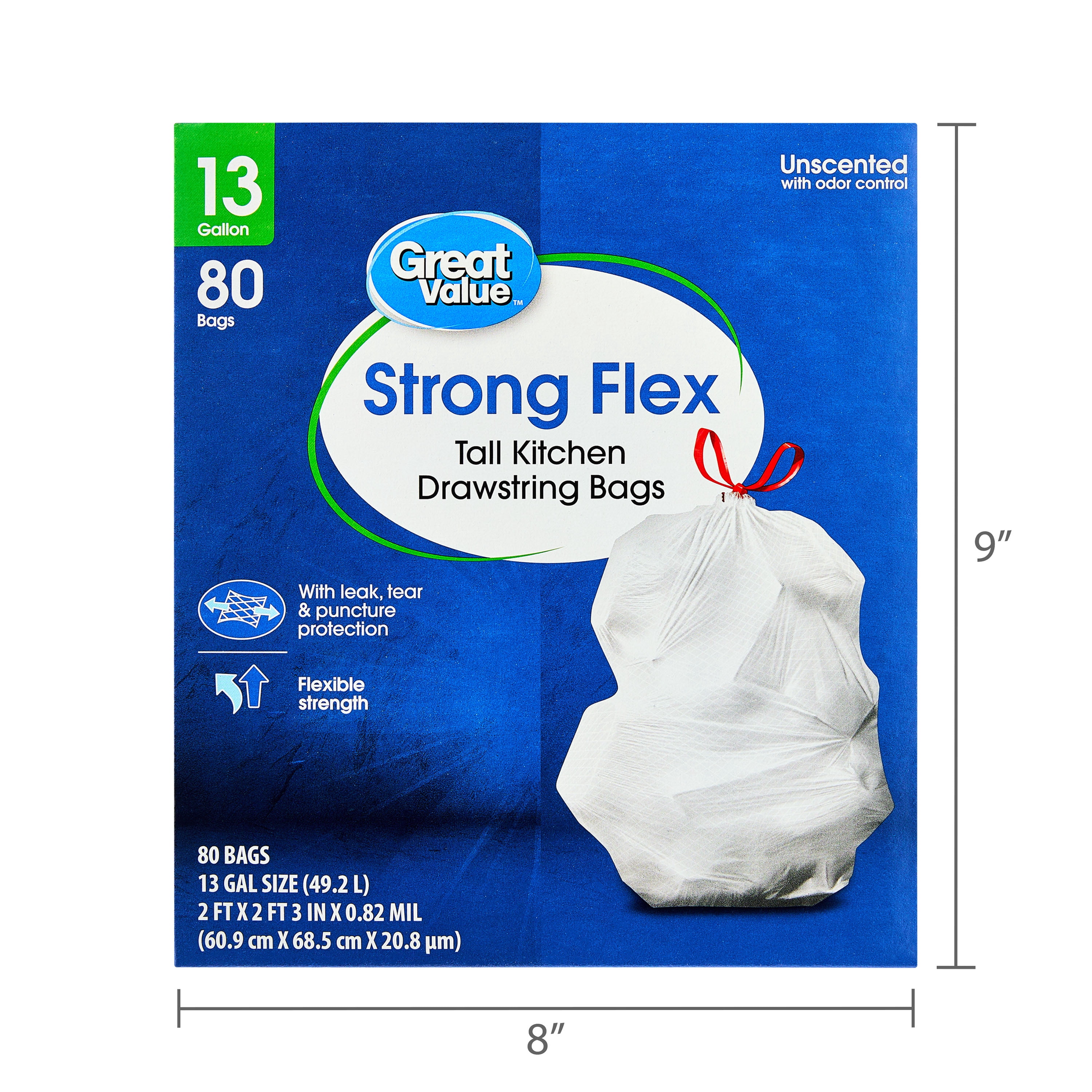 (3 pack) Great Value 13 gal Strong Flex Tall Kitchen Drawstring Garbage Bags, 80 Bags