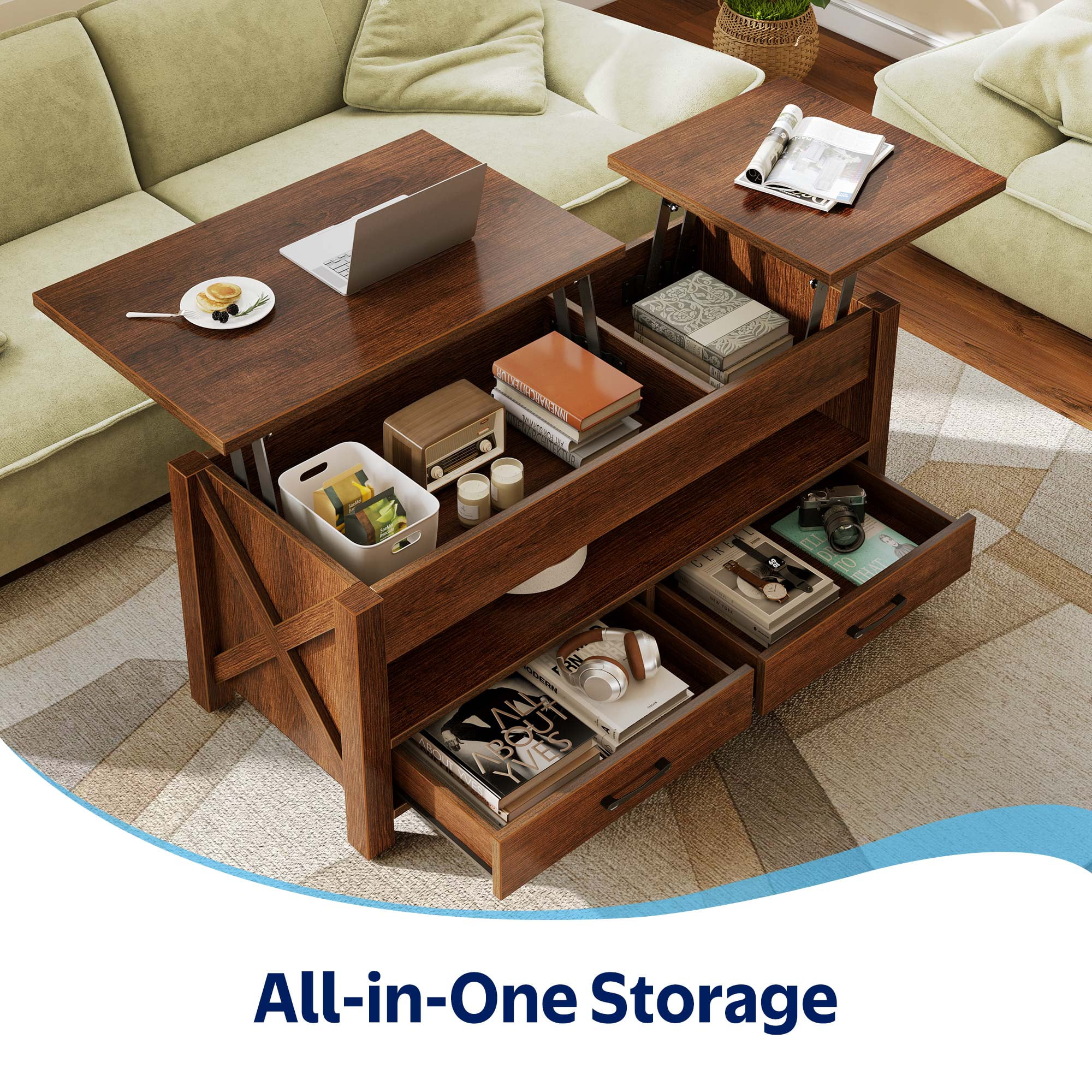 Greenstell Lift-Top Storage Coffee Table - Modern Style with 2 Drawers, Hidden Compartment & Wooden Lift Tabletop - Chestnut - 44"