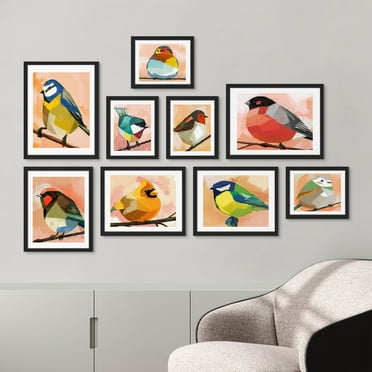 PixonSign Framed Canvas Print Wall Art Set - Pastel Watercolor Geometric Birds Poster Art - Spring Animals Print Gallery Set of 9 Abstract Illustrations Wall Décor for Home - Black