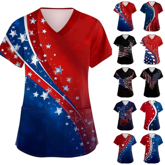 Evdexr Women's Independence Day Scrub Tops Patriotic V Neck Scrubs 1776 2026 Short Sleeve Red Blue and White Shirts Plus Size Nursing Uniforms with Pockets Black M