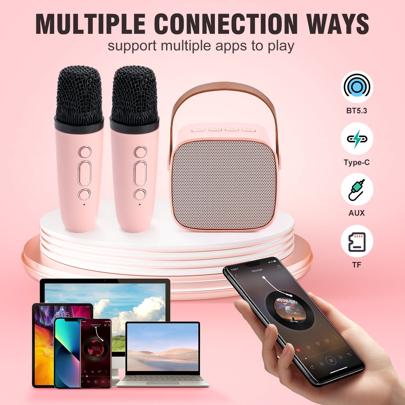 Mini Karaoke Machine, Portable Bluetooth Karaoke Singing Speaker with 2 Wireless Microphones for Kids Adults, Birthday Gift for Girls Boys Family Party