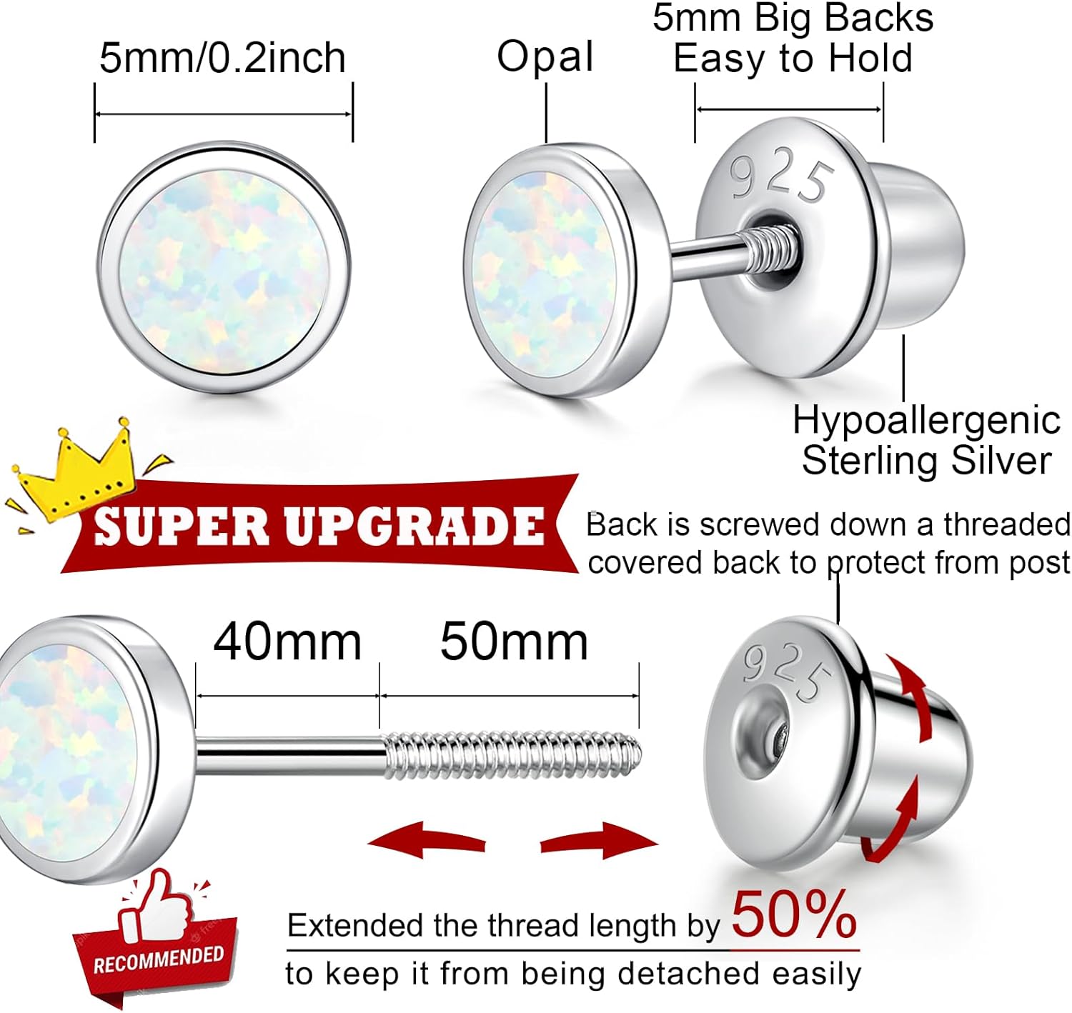 925 Sterling Silver Earrings Stud With Screwback Cubic Zirconia For Women Earring With Screw Backs Cz Hypoallergenic (Cz-White)[Z5961]