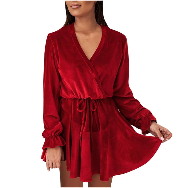 DPTALR Robe Élégante à Manches Longues et Ceinture pour Femmes