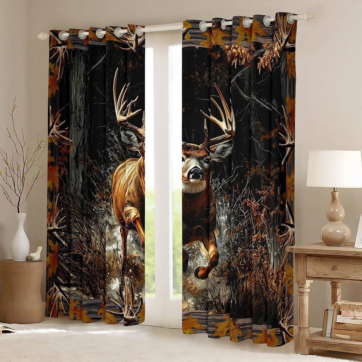 Tree Camouflage Deer 30%-50% Blackout Curtains - Camo Branches Rustic Deer Curtains - Deer Hunting Curtains & Drapes Running Deer Hunting Cabin Lodge Window Curtains (52Wx84L)