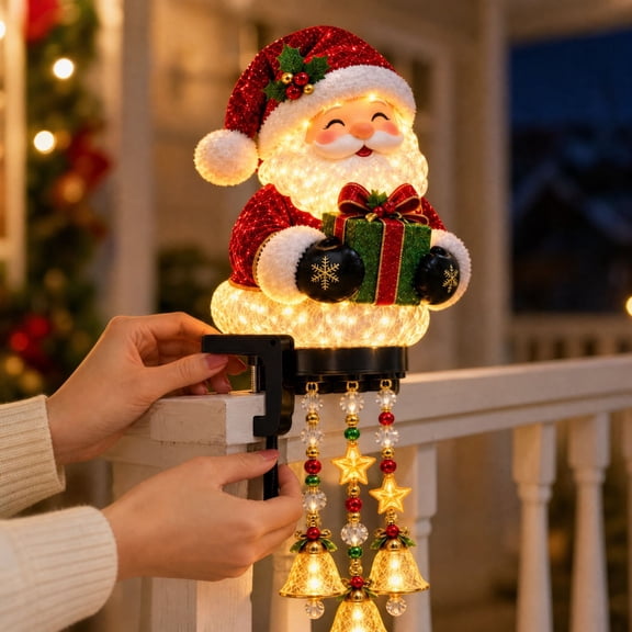 Lighted Christmas Railing Figurine, Character Designs - Christmas Porch Railing Lights, Outdoor Christmas Lights Yard Decor, Festive Character with Glowing Hanging Ornaments