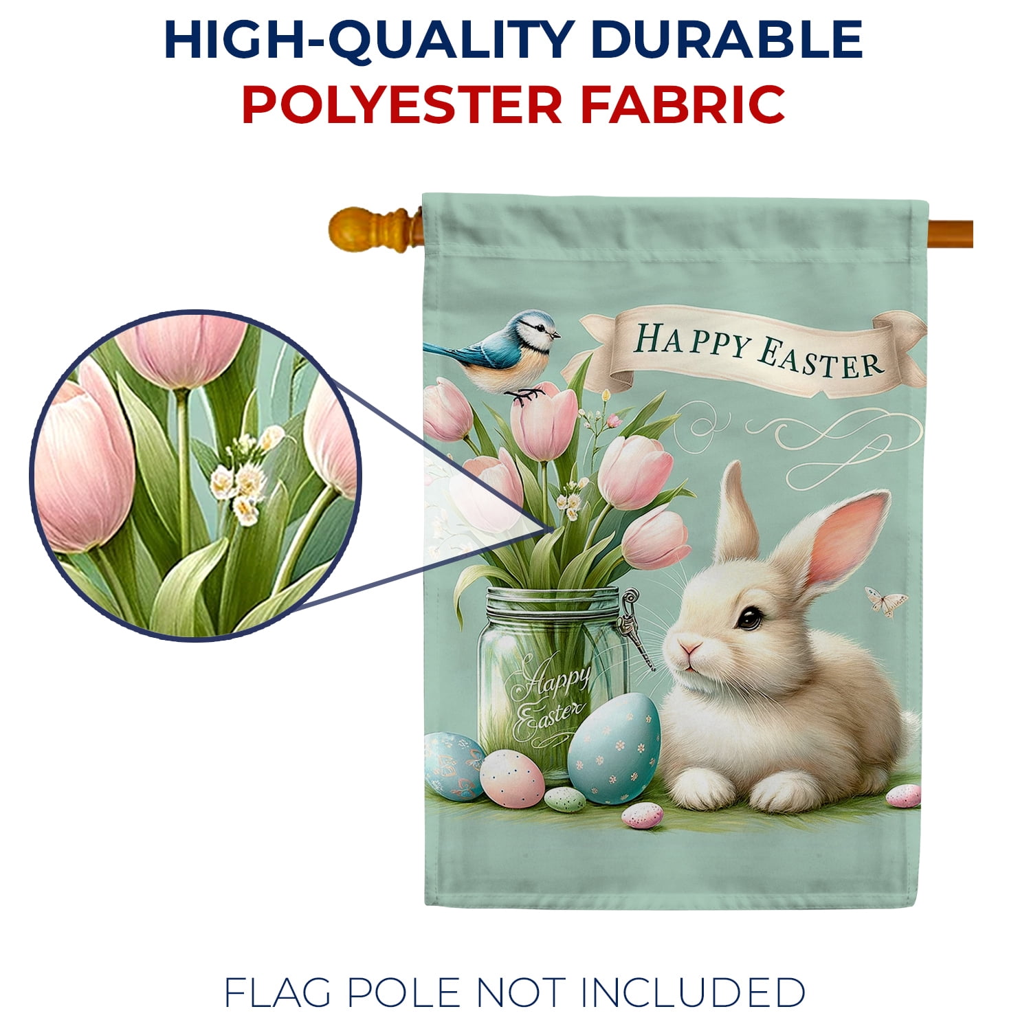America Forever Easter Floral Mason Jar House Flag, 28” x 40” Double Sided, Bluebird Spring Summer Floral Easter Day Welcome Flag for Outdoor Yard Farmhouse Home Decoration