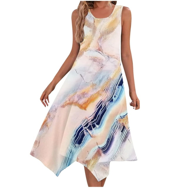 KIHOUT Ladies Summer Fashion Tank Dress Printed Sleeveless Round Neck Loose Flowy Beach Sundress