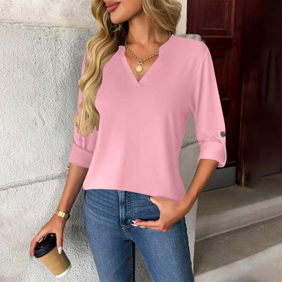 Womens Tops Buttons Long Sleeve V-neck Solid Color Shirt Pink M