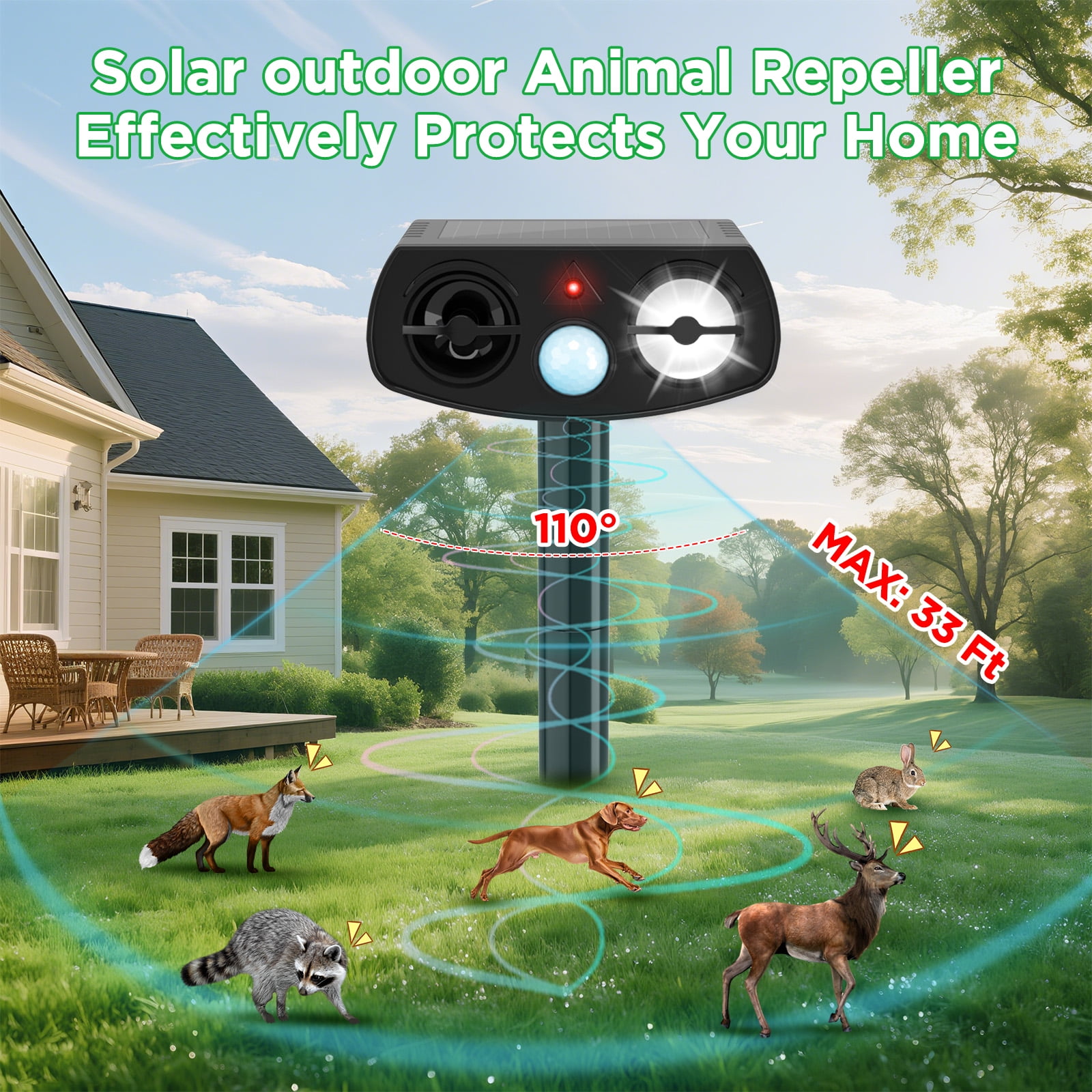 Solar Powered Animal Repeller, Ultrasonic Pest Deterrent with LED Strobe Light, Green, Motion Sensor, 14.8 Inch Stake, for Yard Garden 2 Packs