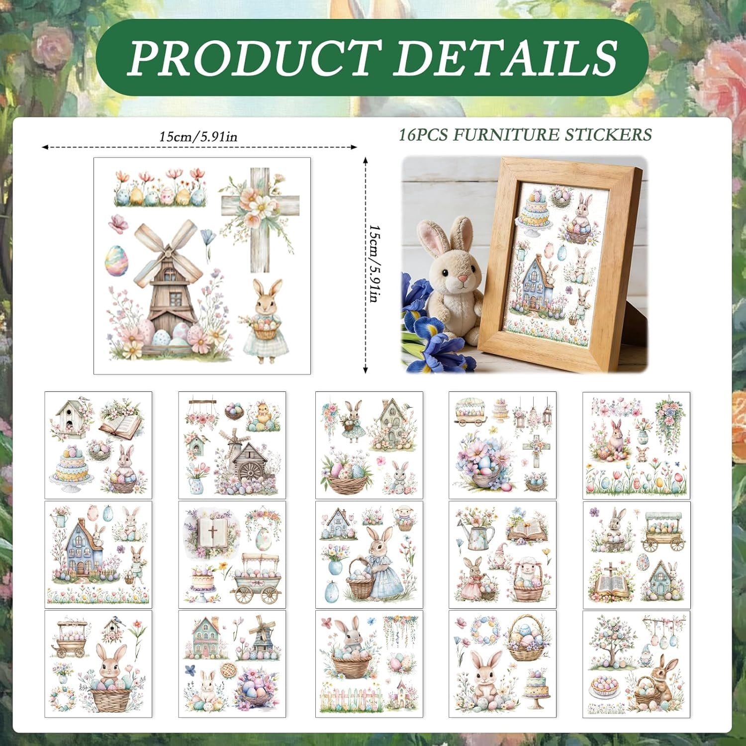 Easter Rub on Transfers for Crafts - 18 Pcs Bunny Gnome Rub on Transfers for Furniture Rabbit Egg Transfer Decals for Wood DIY Glass Home Decor 5.9x5.9 Inch