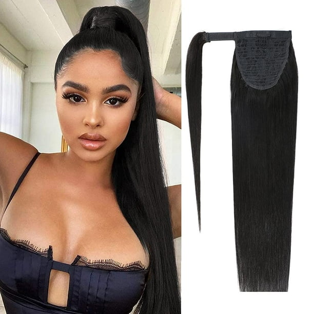 Extensiones de cabello humano liso con clip para cola de caballo, 100 % cabello humano Remy, envuelto alrededor de cabello brasileño sin procesar, correa mágica envolvente alrededor de coletas, pasta