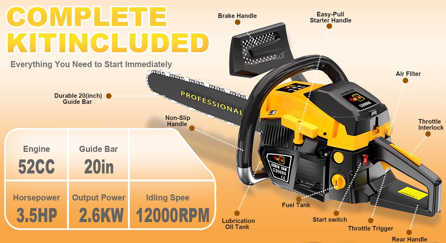 DGB Gas Powered Professional Chainsaw, Wood Cutting Chainsaw for Tree Trimming, Firewood, Land Clearing, Yard & Farm Maintenance, Heavy Duty Outdoor Power Tool