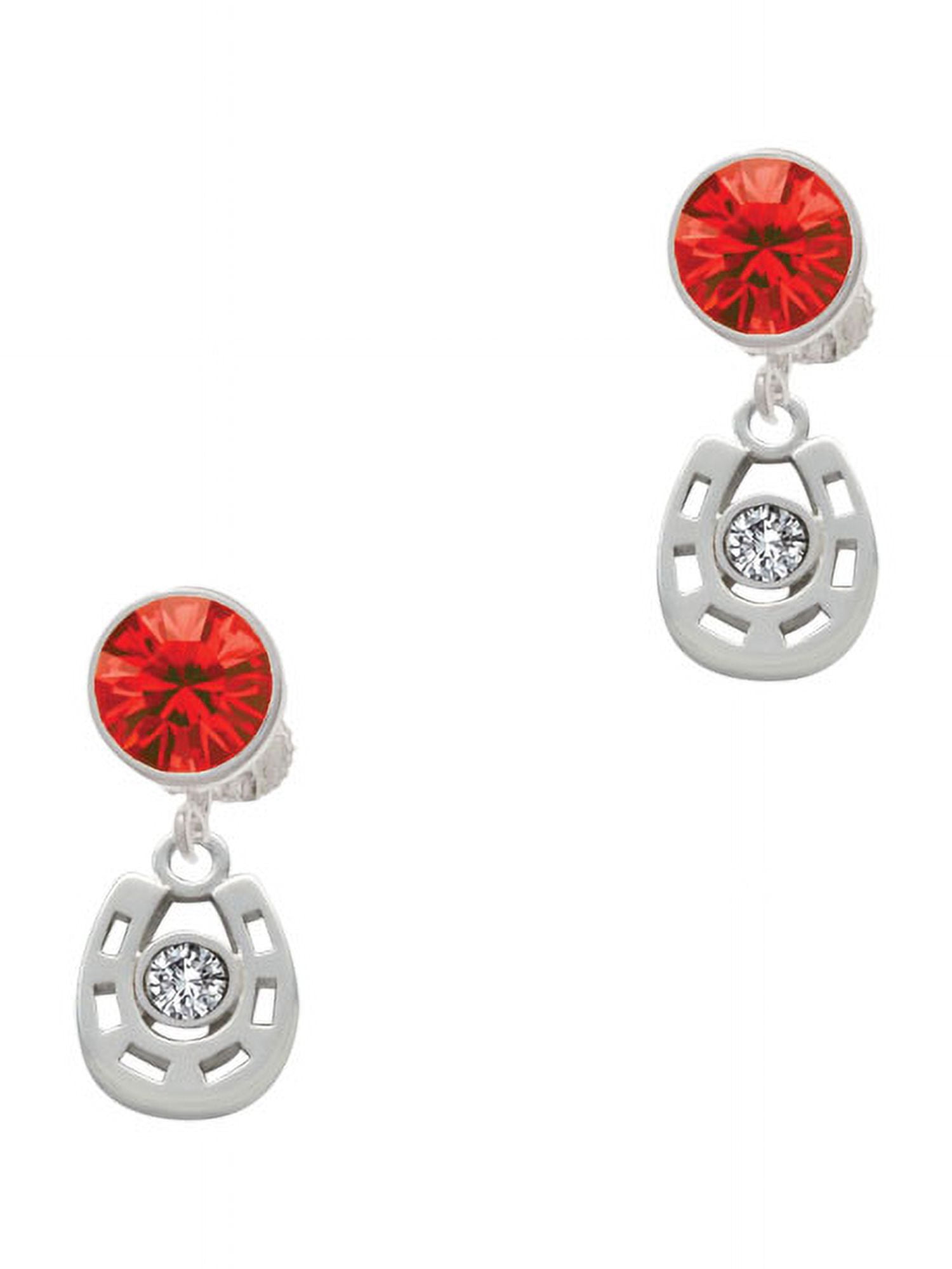 Delight Jewelry Silvertone Small Clear Crystal Horseshoe Red Crystal Clip on Earrings