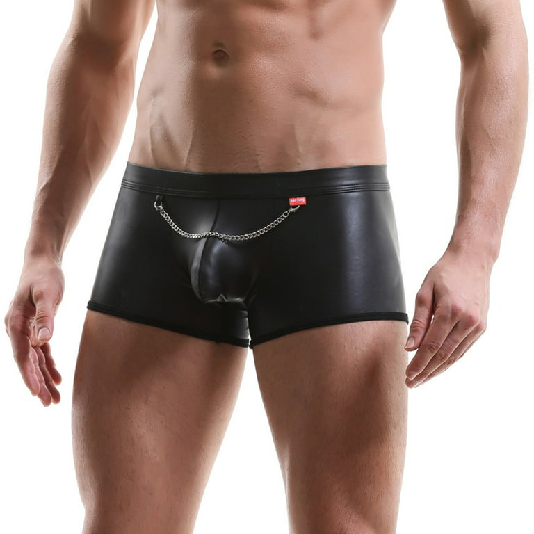 Men Long Underpants Boxers Short Panties Underwear Faux Leather Mesh Solid  Color