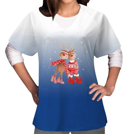 

jsaierl Womens Christmas Scrub Tops V-Neck Short Sleeve Deer Graphic Top Nurse Uniform Workwear T Shirts Plus Size Blouse Tees with Pockets