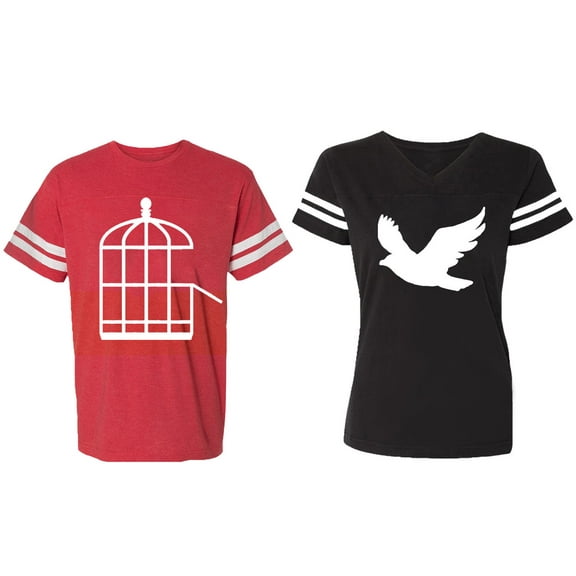 Bird Cage Matching Couple Cotton Jerseys (Men Red / Women Black) (Men S / Women S)