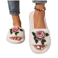 thumbnail image 4 of Women Fluffy Faux Fur Embroidery Rose Open Toe Slide Slippers White 6.5-7, 4 of 9