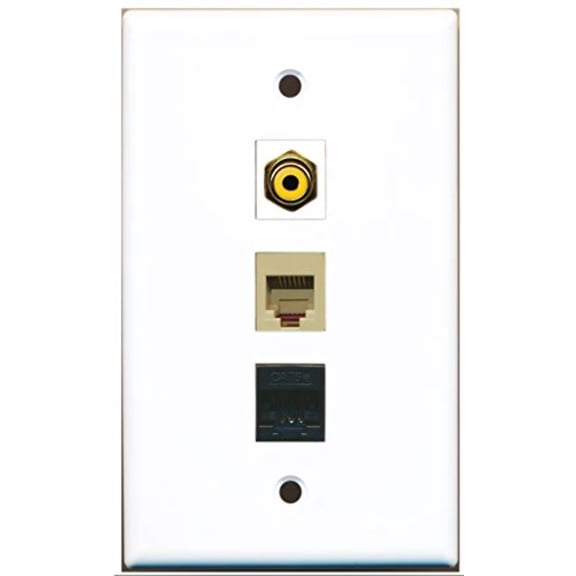 RiteAV - 1 Port RCA Yellow and 1 Port Phone RJ11 RJ12 Beige and 1 Port Cat5e Ethernet Black Wall Plate