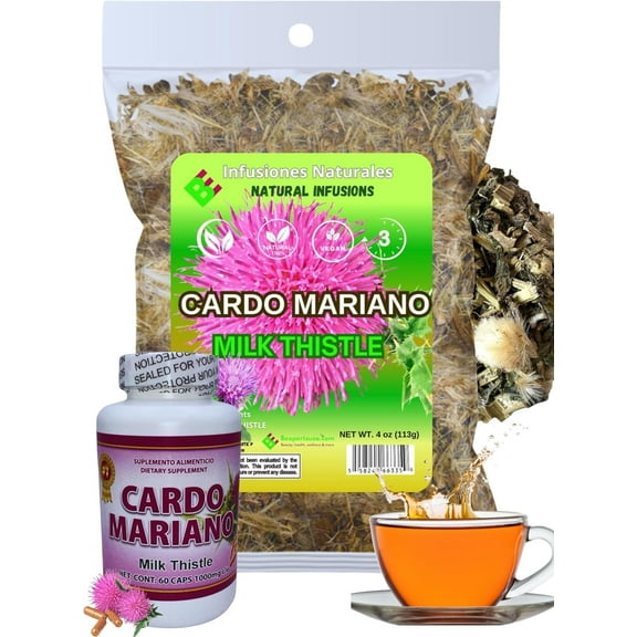 Cardo Mariano Herb Tea & Capsules | Vegan | 100% Pure & Natural Milk Thistle | Loose Tea 4oz (113g) + 60 Capsules (1000 mg Each) - Herbal Dietary Supplement | Extra Forte