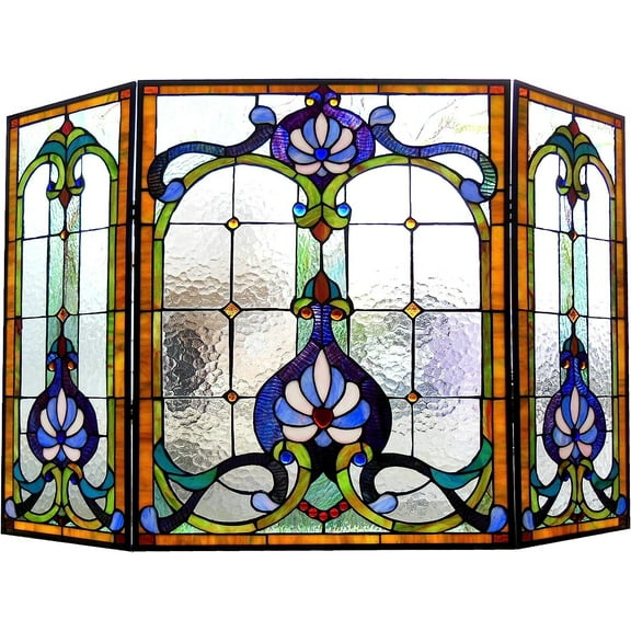 CHLOE Lighting Tiffany-glass Black 3pcs Folding Victorian Fireplace Screen 44" Wide