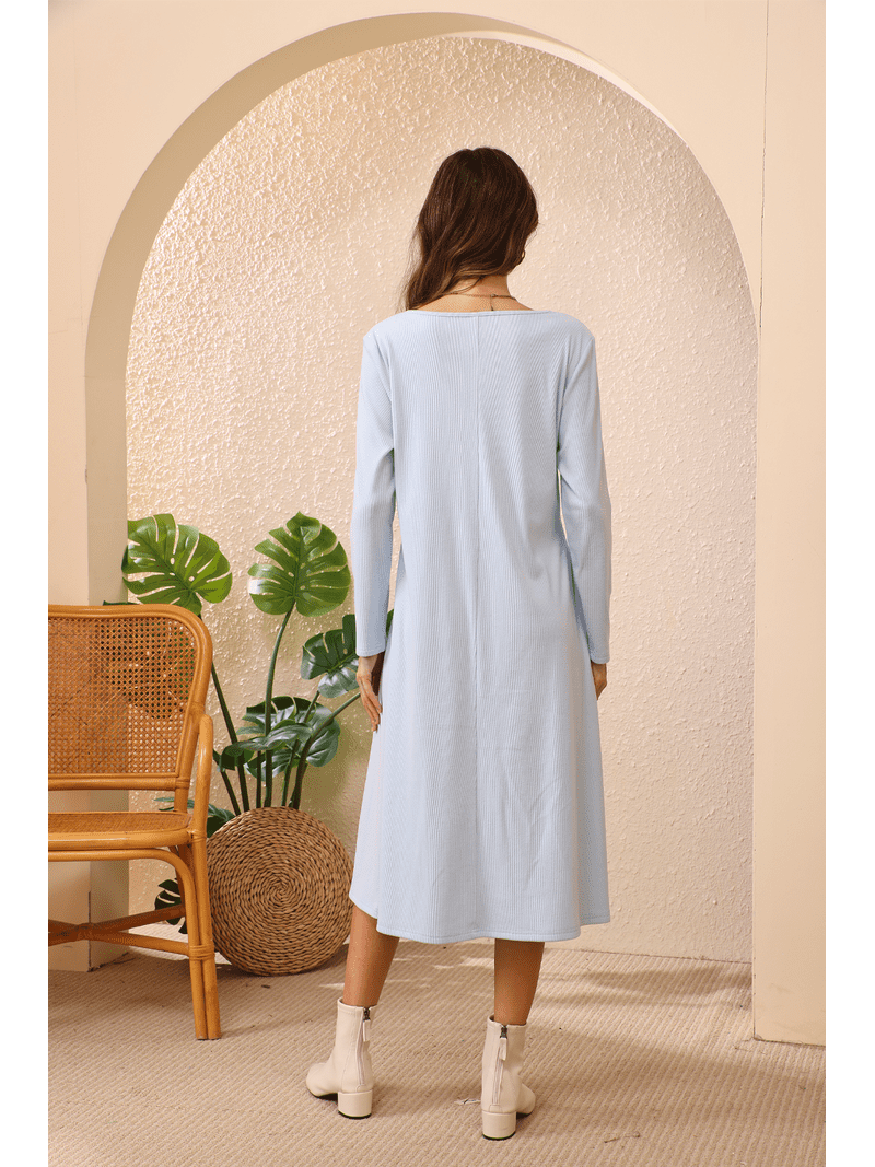 Gleelaud Women Long Sleeve Button V Neck Ribbed Knit Elegant Loose Fit Fall  Midi Dress Trendy Dresses Blue - Walmart.com