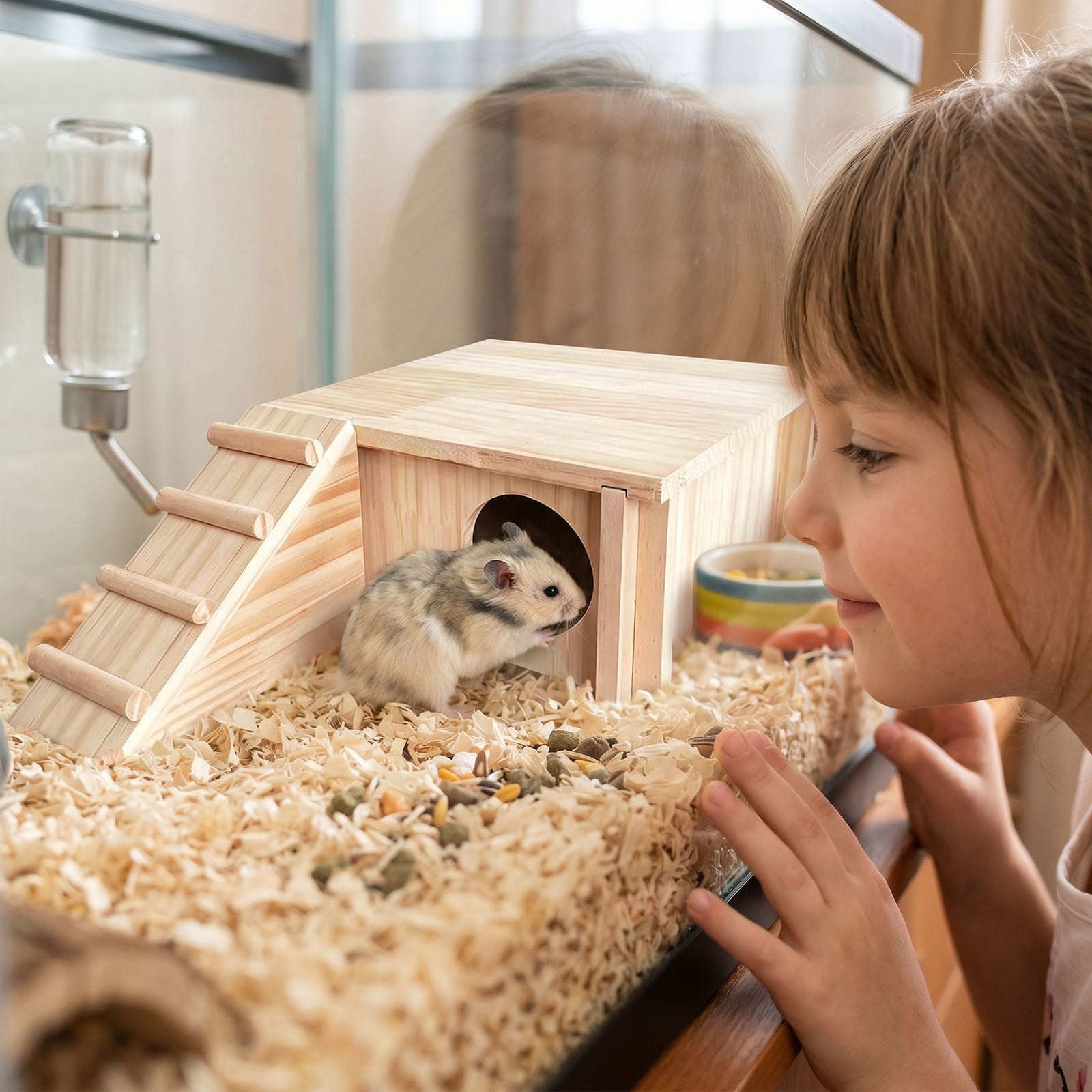 Wooden Hamster Hideout with Ladder - Natural Small Animal Habitat for Mice and Gerbils Indoor Wooden with Two- Design and Chew- Construction