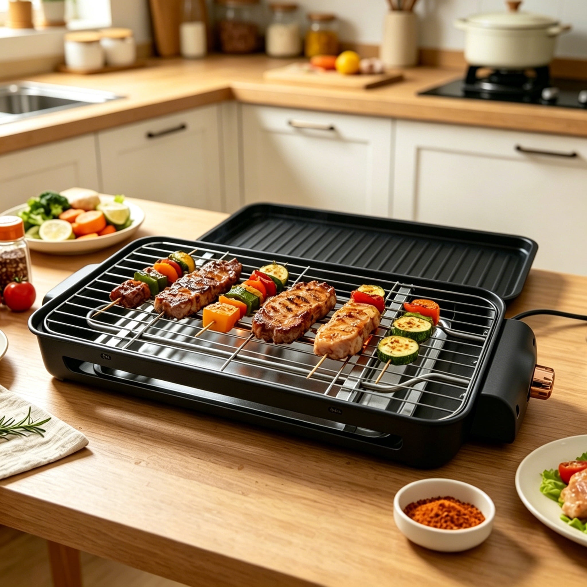 REDUSK  Electric Indoor Grill 1500W, 3in1 Versatile Smokeless Indoor Grill for Home Cooking, Non-Stick Removable Grill & Griddle Plate, Temperature Control, Black