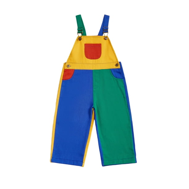 Peto vaquero infantil de color contrastante, sin mangas, con cuello cuadrado y largo completo, con tirantes ajustables.