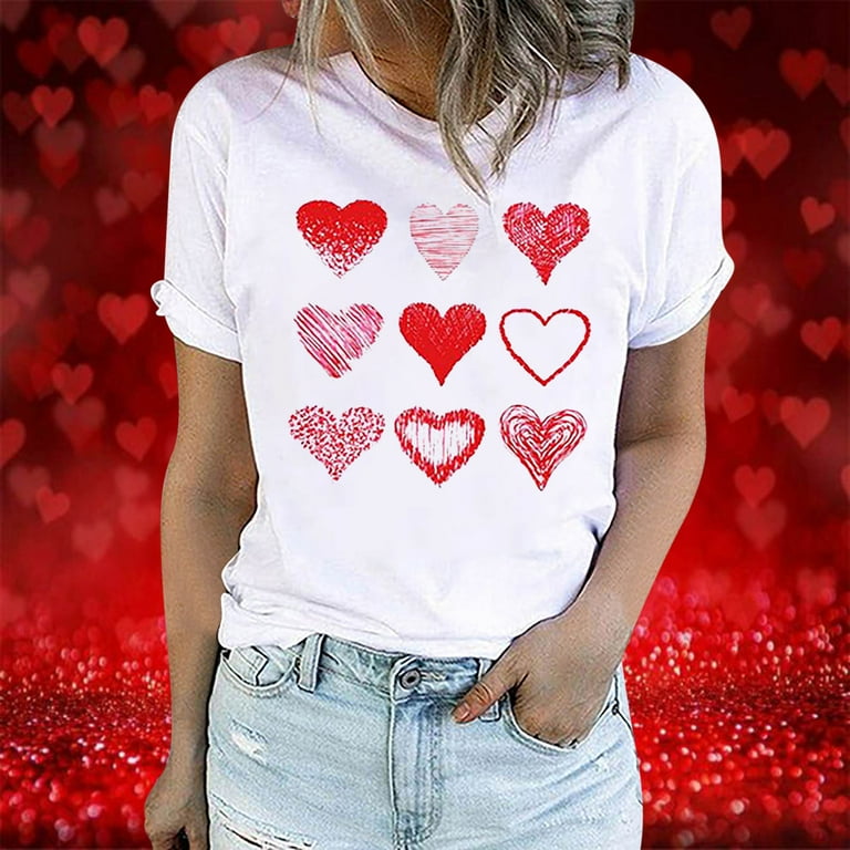 hoksml Womens Shirt for Womens Cute T-Shirt Love Heart Printed Shirts Short  Sleeve Tees Tops, Womens's Day Clearance! 