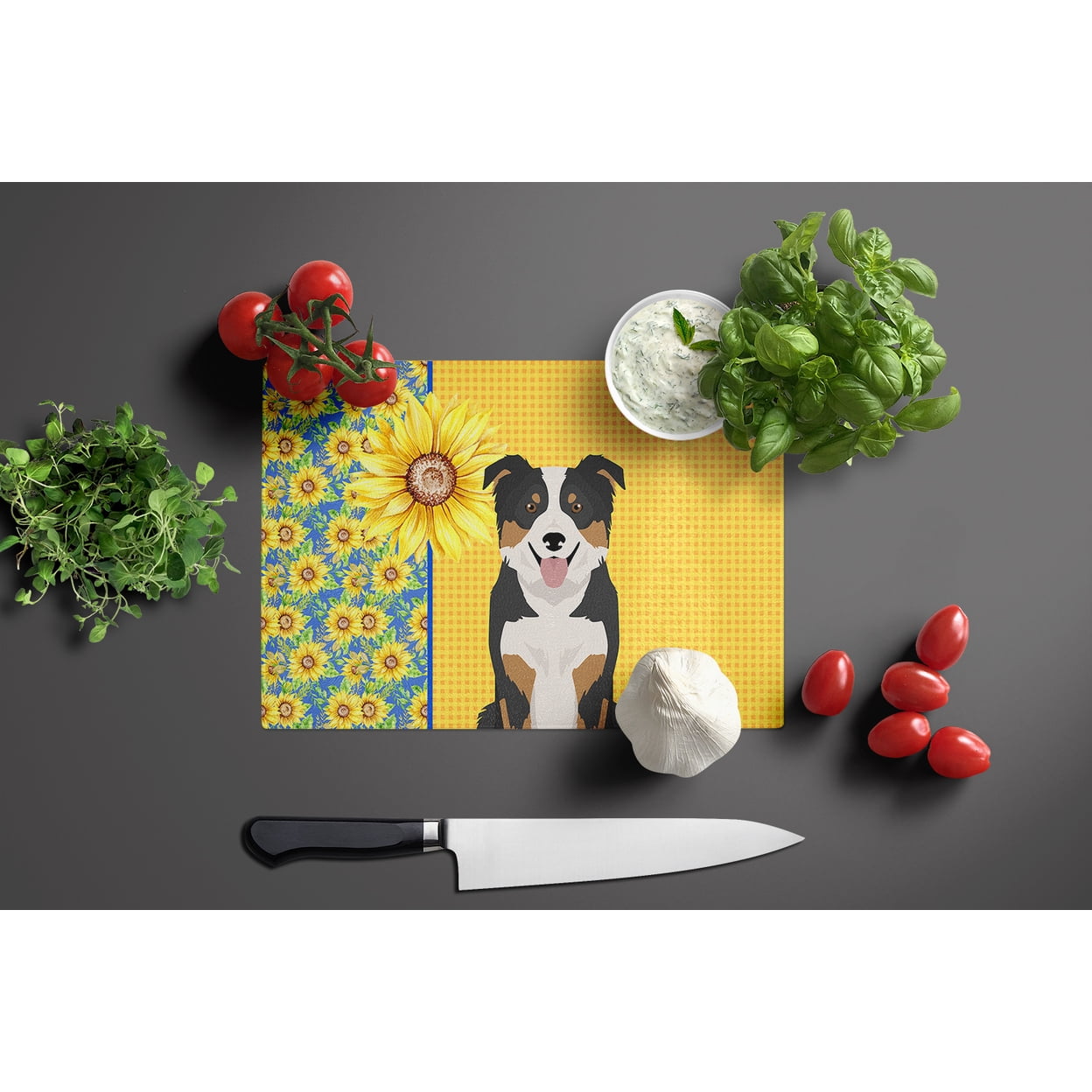 Summer Sunflowers Tricolor Border Collie Glass Cutting Board Large 12 in x 15 in