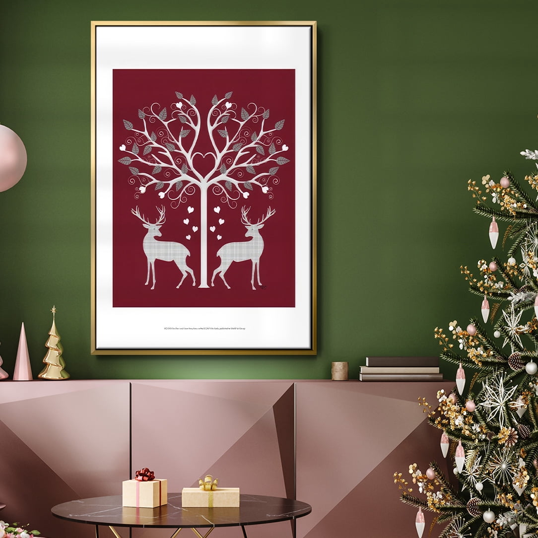 Christmas Des - Deer and Heart Tree, Grey on Red - Framed Gallery Wrapped Holiday Canvas - 17 x 25 - Gold Frame