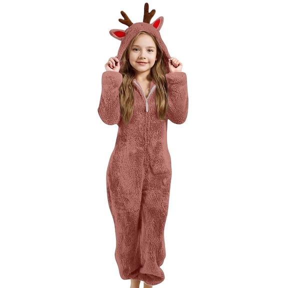 Girls Winter Hooded Romper Jumpsuit Cozy Reindeer Soft Warm Playwear For Toddler Kids