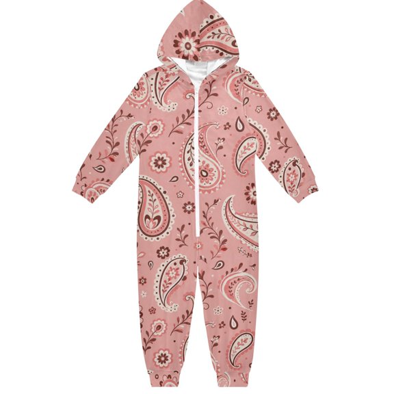 Pink Paisley Boys & Girls Hooded One-Piece Pajamas Warm Crystal velvet Hooded Long Sleeve Loungewear Jumpsuit Unisex