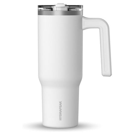 Voyager 32 oz with Handle and Straw Lid | Reusable Stainless Steel Water Bottle Travel Mug Cupholder Friendly | Insulated Cup (White)