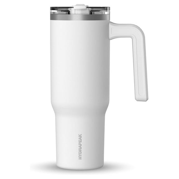 Voyager 32 oz with Handle and Straw Lid | Reusable Stainless Steel Water Bottle Travel Mug Cupholder Friendly | Insulated Cup (White)