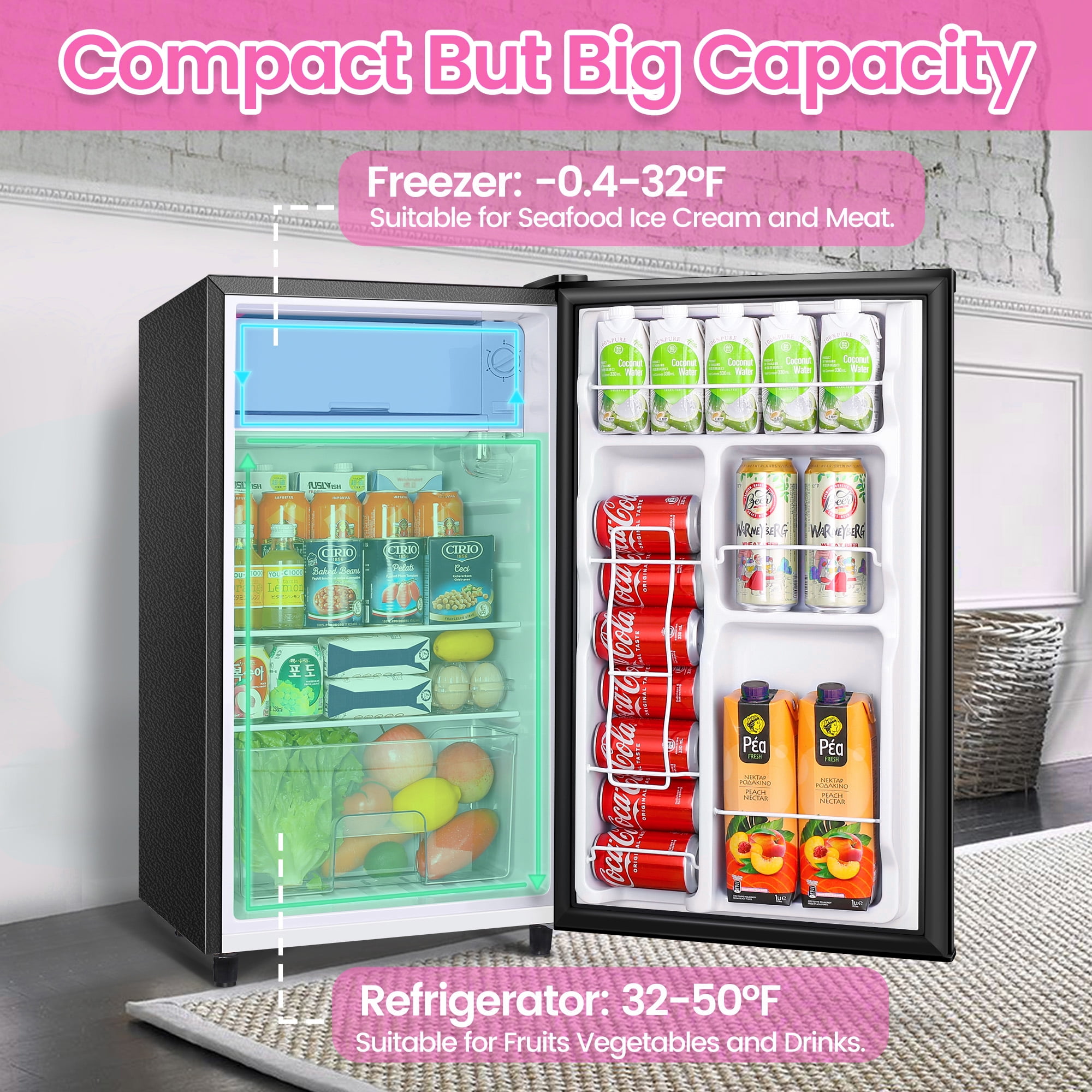 WANAI 3.2 Cu ft Single Door Mini Fridge, Black