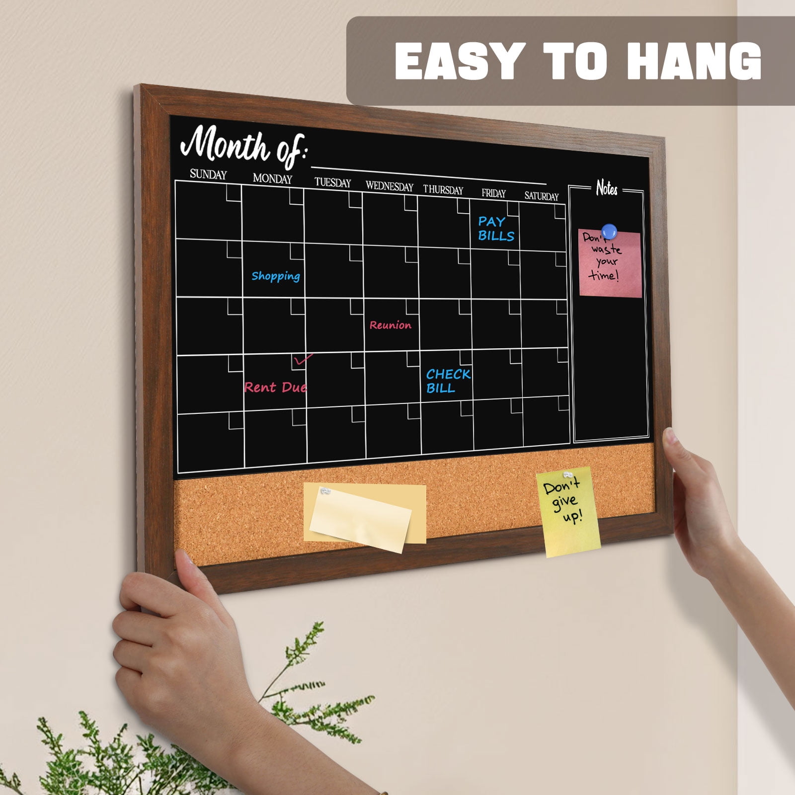 18" x 24" Chalkboard Calendar Corkboard Combo Bulletin Board Magnetic Calendar Chalkboard for Wall Combination Board Monthly Planner Blackboard Rustic Brown Frame with 2 Markers 6 Magnets 4 Pushpins