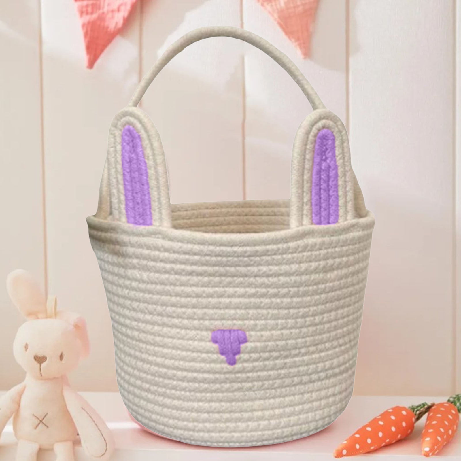 Easter Bunny Basket for Kids, Rabbit Ear Egg Bucket, 9.5" x 6.3" x 6.3" Portable Tote for Candy Storage, Easter Party Decor, and First Easter Gifts for Boys & Girls