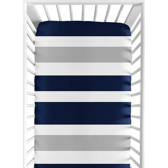 Sweet Jojo Designs Stripe Navy Blue Grey and White Fitted Crib Sheet