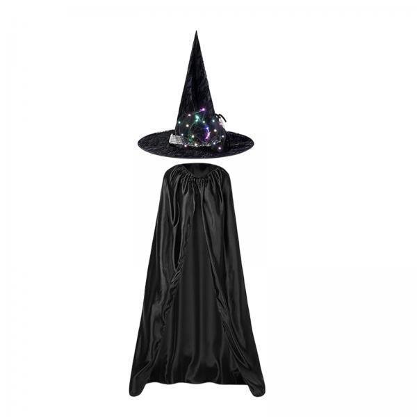 disfraz de de halloween,conjunto de disfraz de de halloween para mujeres,adultas y niñas,conjunto de cosplay,accesorios para disfraces,disfraces de lujo, capa Vista frontal centrada de capa larga negra de tela (140 cm) con cierre en el cuello y sombrero de bruja puntiagudo a juego, el sombrero incluye luces decorativas multicolor en la base del cono. Adecuado para fiestas de Halloween, cosplay, mascaradas y sesiones fotográficas; a menudo usado como accesorio de disfraces.