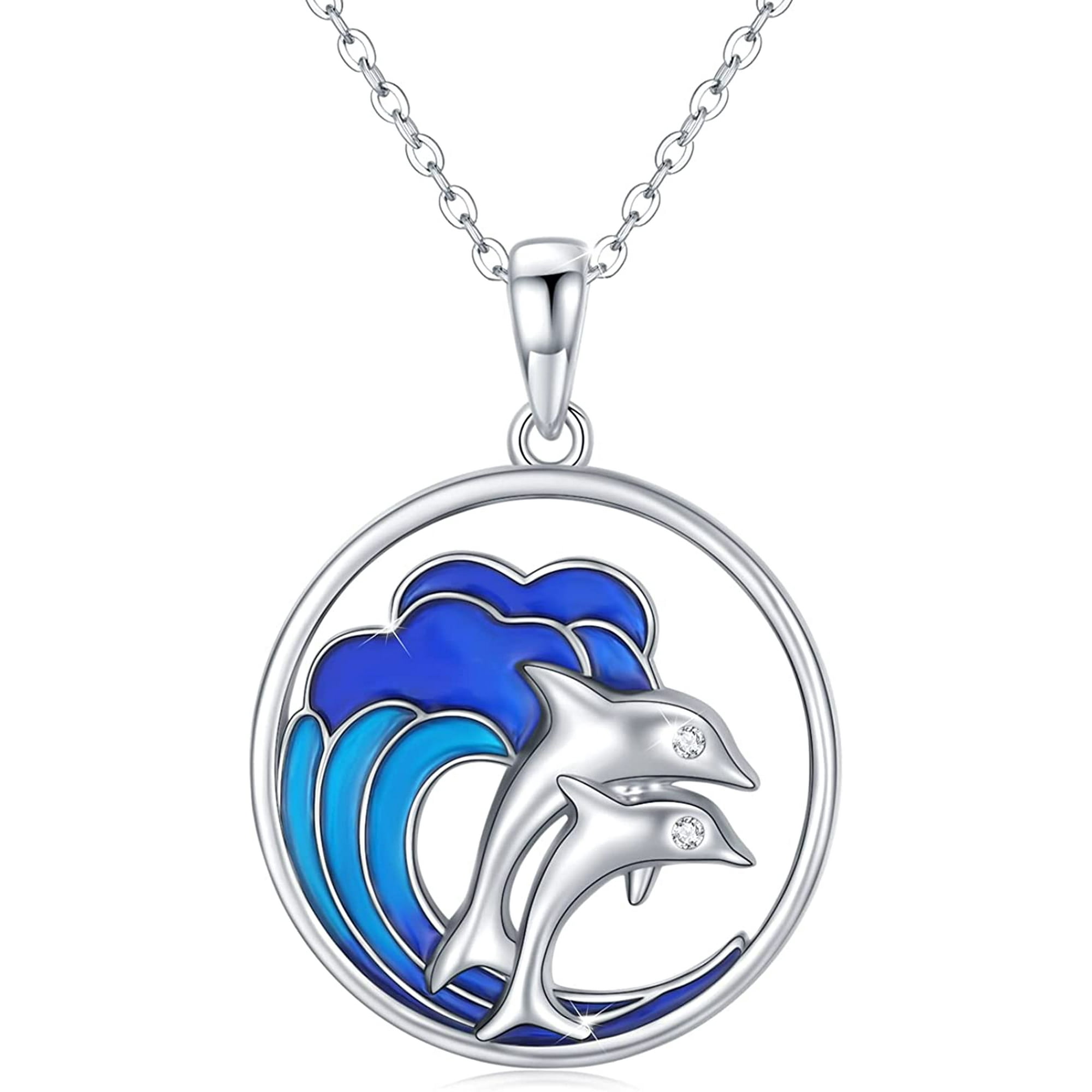 Dolphin Necklace, 925 Sterling Silver With Blue Dripping Oil Wave