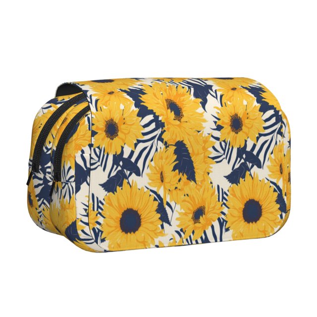Disketp Blue Striped Sunflower Estuche de Lápices de Doble Capa con Tapa Abatible y Cremallera, Organizador Escolar para Adolescentes y Adultos