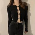 thumbnail image 3 of Long Sleeve Button Sweater Top Women Elegant Pure Color Short Rib Knit Open Front Outwear, 3 of 8
